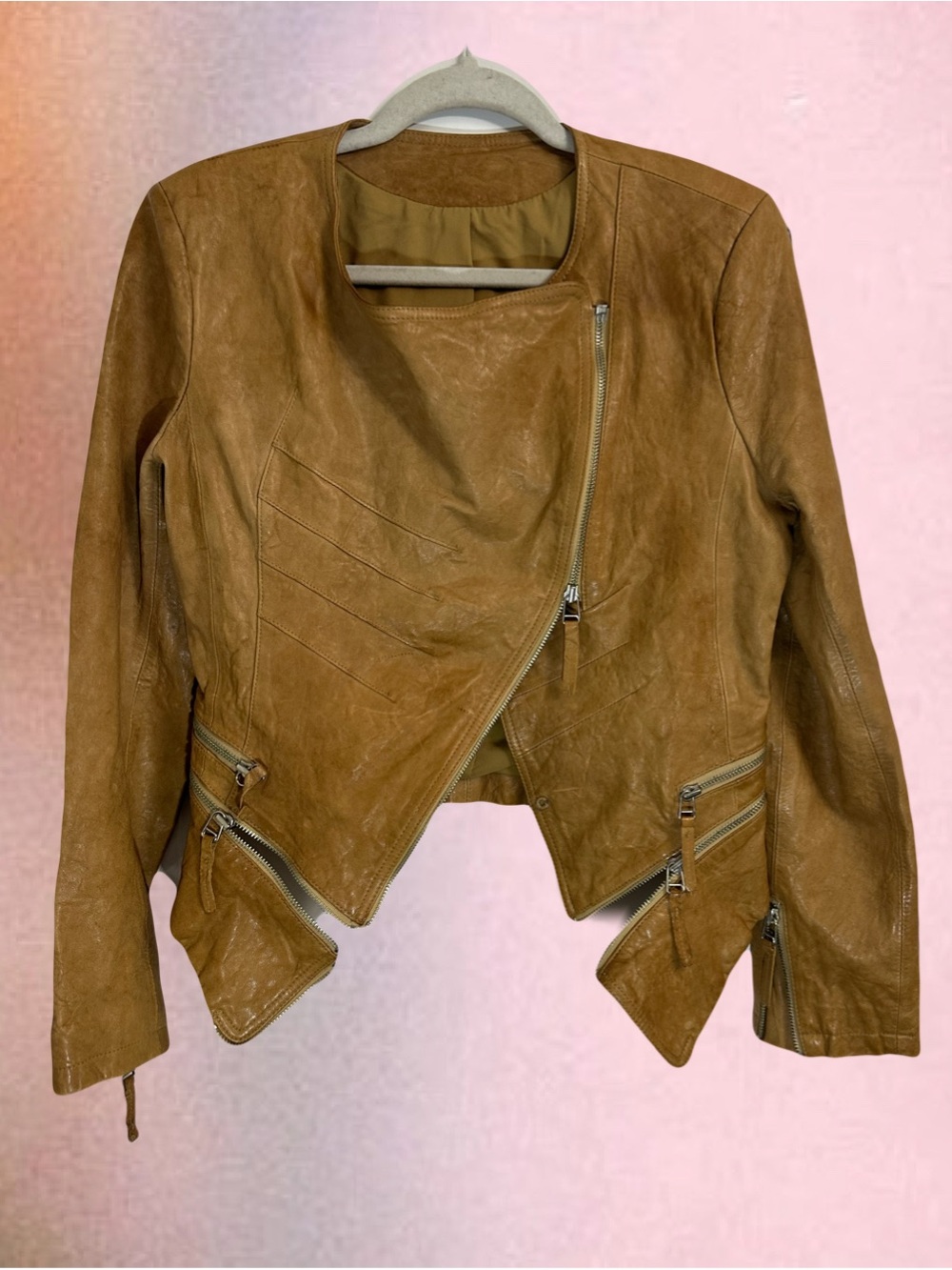 Cropped Tan Asymmetric Leather Jacket